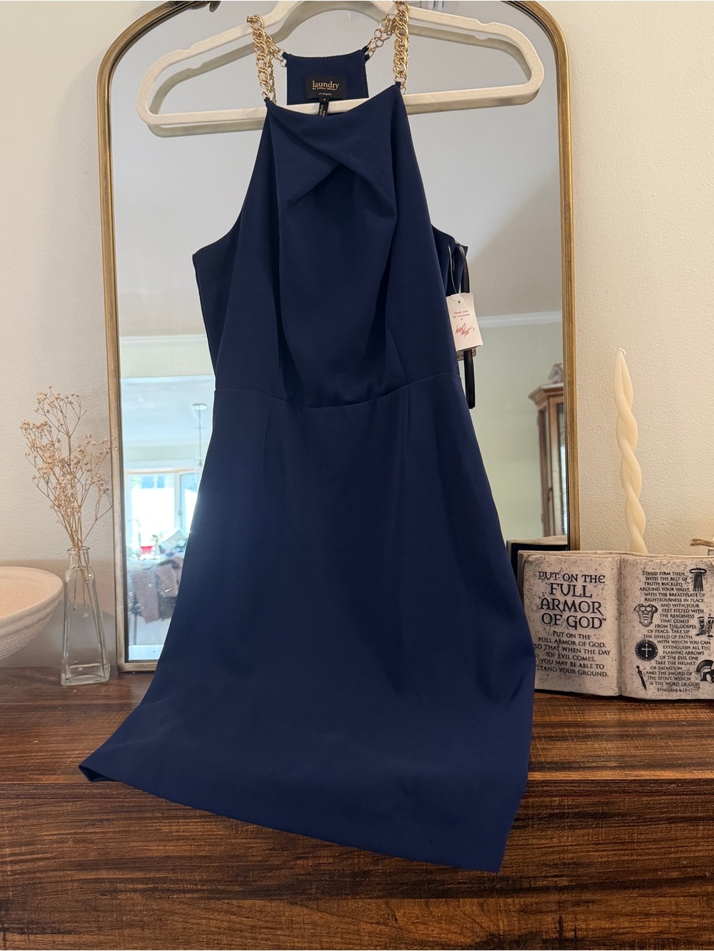 Laundry By Shelli Segal Navy One-Shoulder Dress with Gold Chain Straps